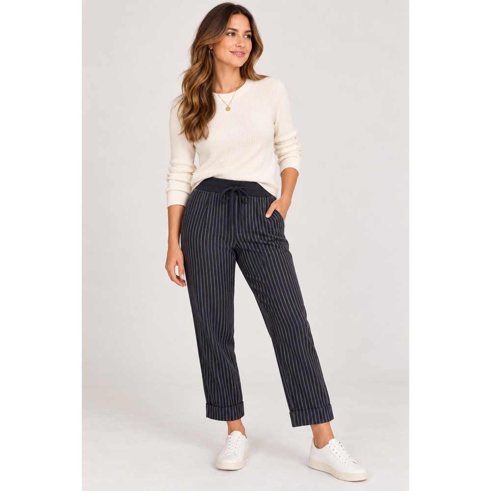 J.Jill Women's Medium 100% Cotton Pull-On Pants Navy Gray Drawstring Crop
